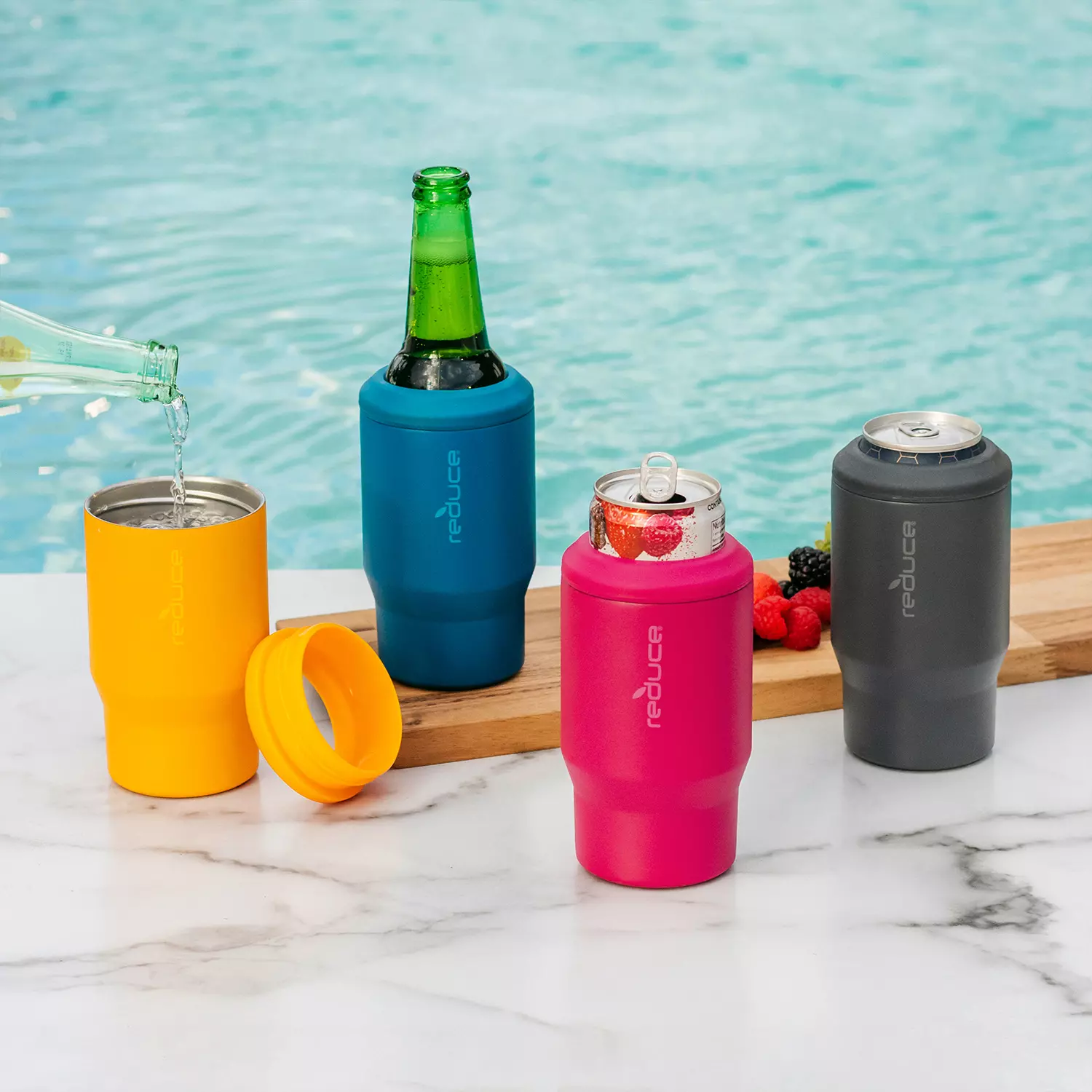 Reduce 14 oz. Vacuum Insulated Stainless Steel Drink Cooler, 4 Pack (yellow, blue, pink and grey))