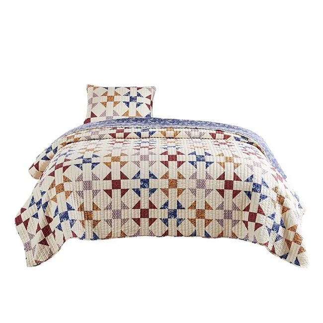 Benzara 2 Piece Microfiber Twin Size Quilt Set with Geometric Print, Multicolor