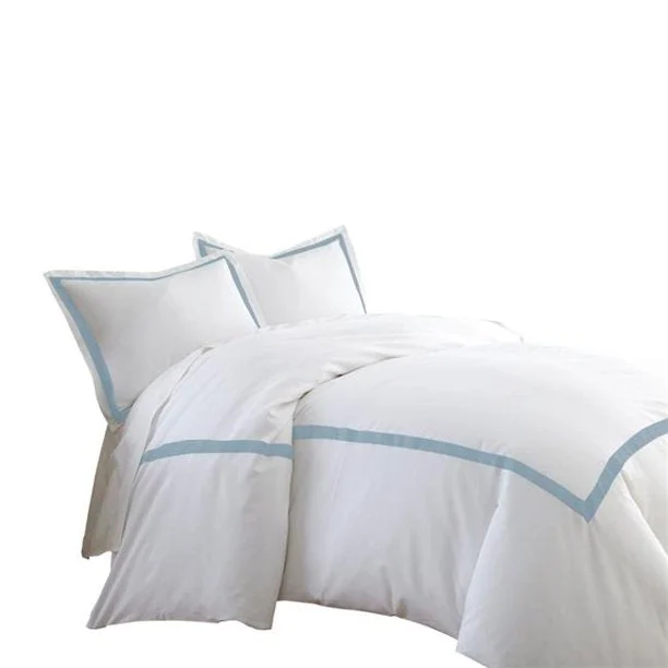 Benzara Larvik 3 Piece Cotton Queen Duvet Set with Satin Band, Blue and White
