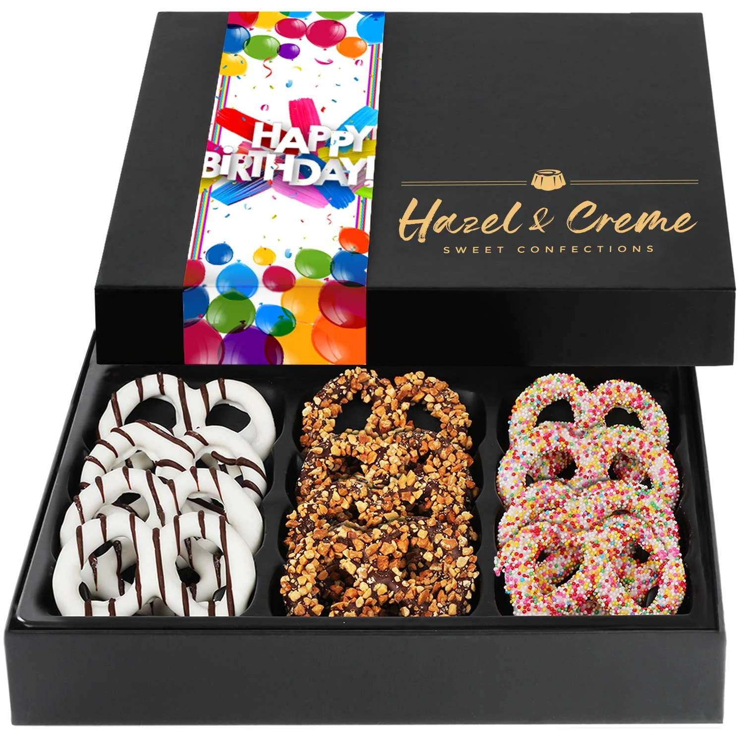 Hazel & Creme Chocolate Covered Pretzels – HAPPY BIRTHDAY Chocolate Gift Box – Gourmet Food Gift (Large Box)