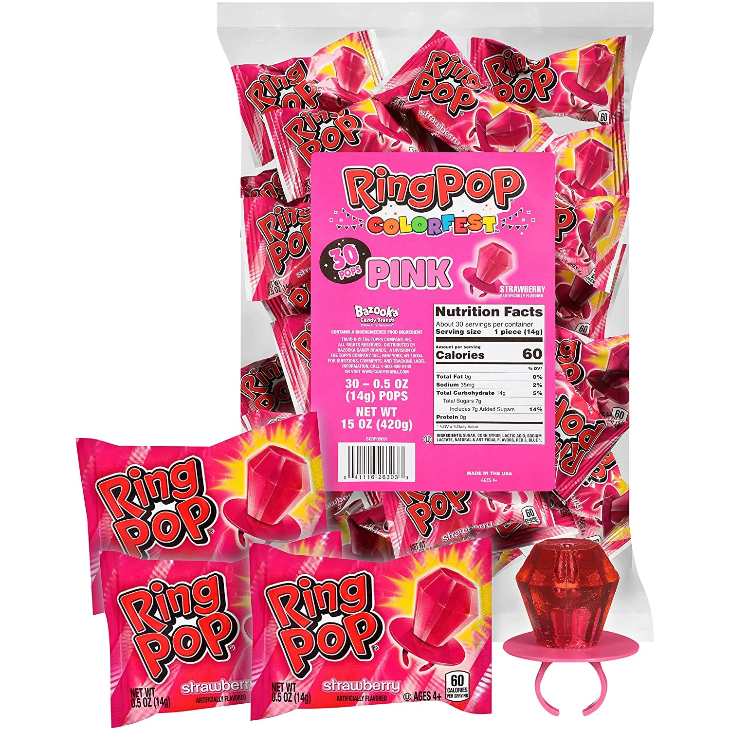 Ring Pop Individually Wrapped Pink Strawberry 30 Count Bulk Lollipop Easter Pack