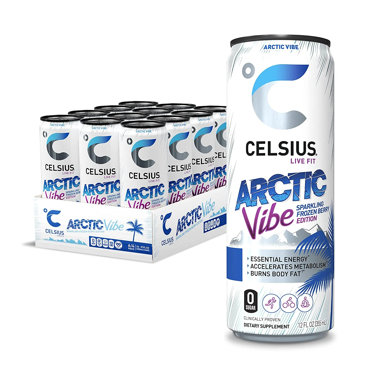 CELSIUS Essential Energy Drink 12 Fl Oz, Arctic Vibe Sparkling Frozen Berry Edition (Pack of 12)