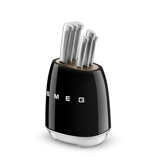 6-Slot Acacia Wood Knife Block with Powder-Coated Steel Housing and 6 Stainless Steel Knives - Black