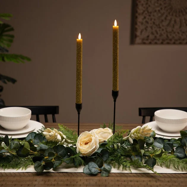 11" Gold Glittered Flameless LED Taper Christmas Candles Set 2