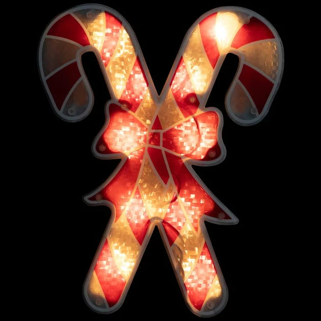 12" Red and White Holographic Candy Cane Lighted Window Silhouette Christmas Decoration