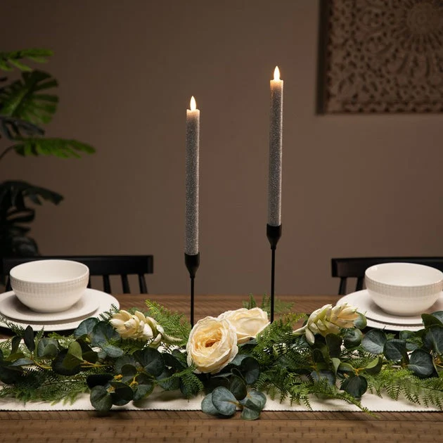 11" Silver Glittered LED Flameless Taper Christmas Candles Set of 2