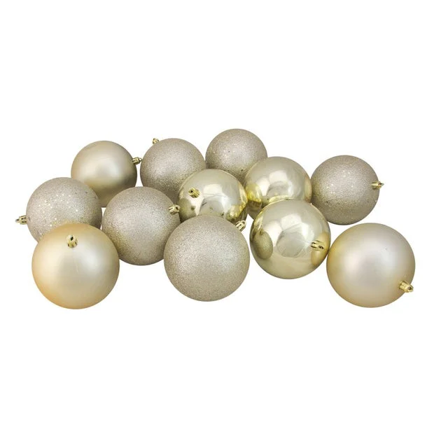 4" Champagne Gold Four-Finish Shatterproof Ball Christmas Ornaments Set of 12