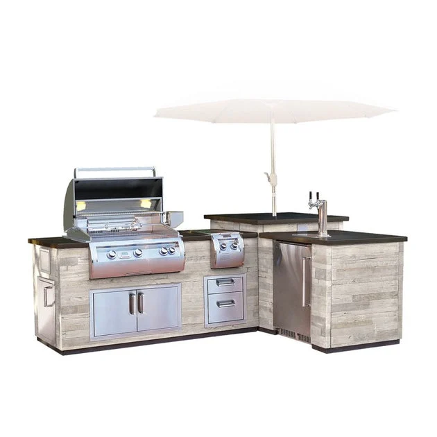 Island FireMagic 660 L-Shape 116W x 42-1/2H x 84D Inch French Barrel Oak/Black Lava with Kegerator Return Side Accessory