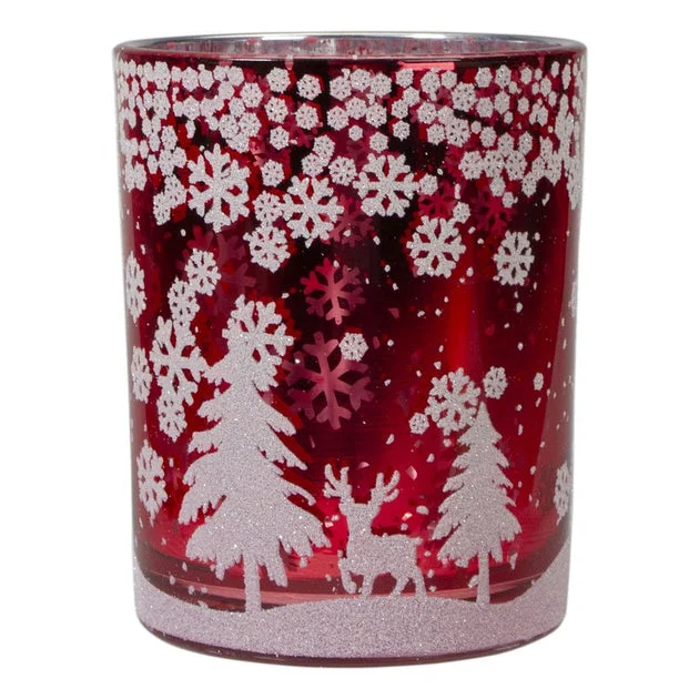 5" Red and Shiny Silver Deer in Winter Woods Flameless Candle Holder