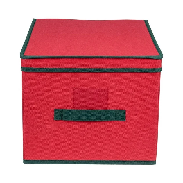 16" Red and Green Collapsible Christmas Decoration Storage Box with Handel