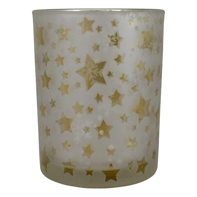 5" Matte Silver and Gold Stars and Snowflakes Flameless Glass Candle Holder