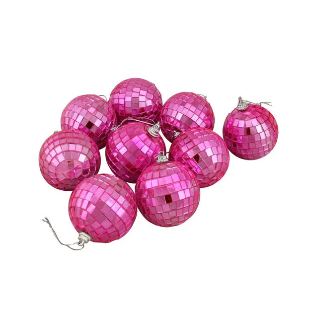 2.5" Hot Pink Mirrored Glass Disco Ball Christmas Ornaments Set of 9