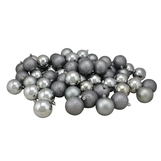 2.5" Pewter Gray Shatterproof Four-Finish Ball Christmas Ornaments Set of 60