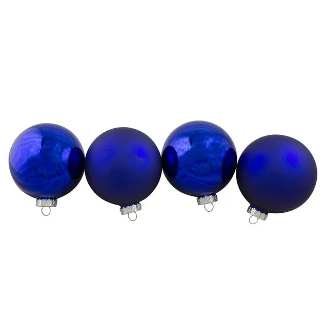 4" Royal Blue Two-Finish Glass Ball Christmas Ornaments Set of 4