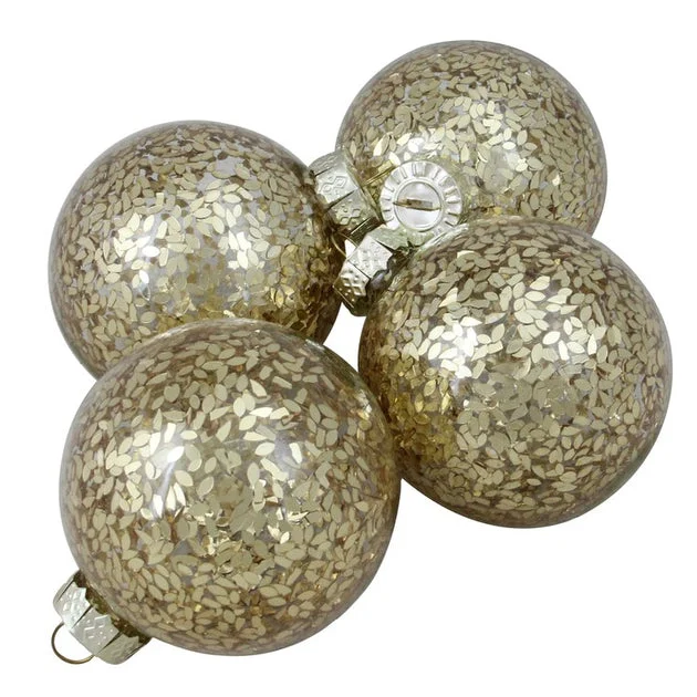 4" Clear and Gold Shiny Seeds Glass Ball Christmas Ornaments Set of 4