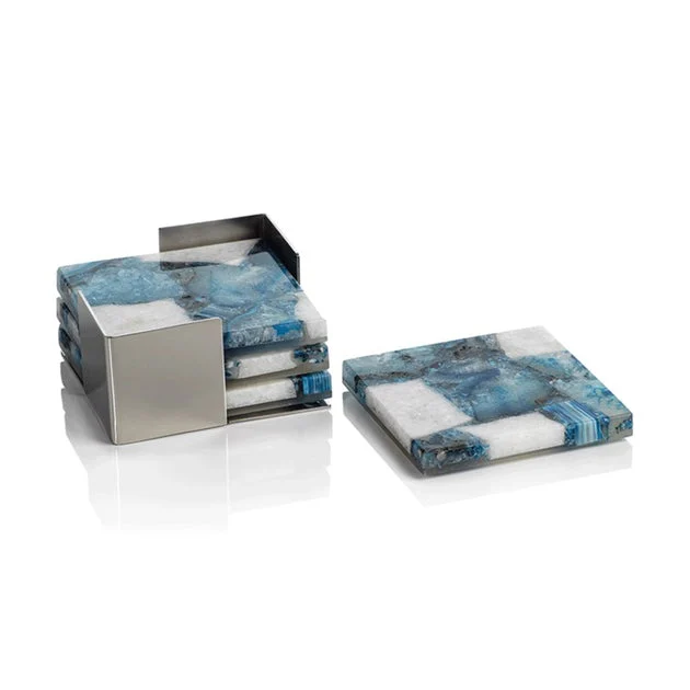 Corfu Agate Coasters on Metal Tray Set of 4