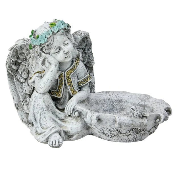 10" Gray Resting Angel Bird Feeder Outdoor Garden Statue