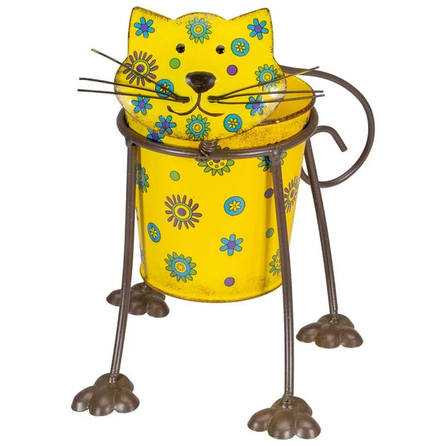 9" Yellow Floral Metal Cat Garden Planter