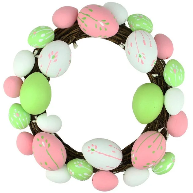 10" Floral Stem Easter Egg Spring Grapevine Wreat - Pink/Green
