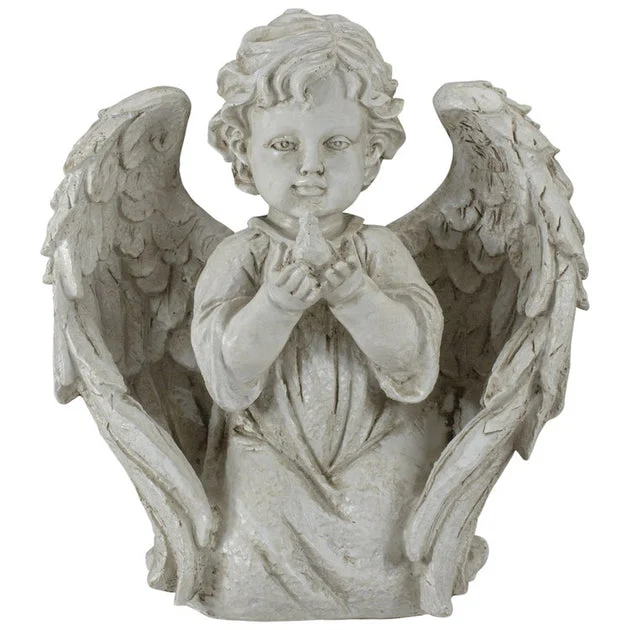 9.75" Ivory Angel Boy Kneeling with Dove Outdoor Garden Statue