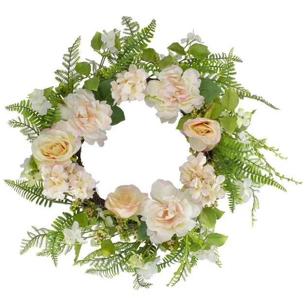 24" Pink Rose and Peony Fern Artificial Floral Spring Wreath