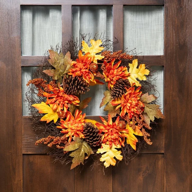 22" Unlit Mums and Acorns Artificial Floral Twig Wreath