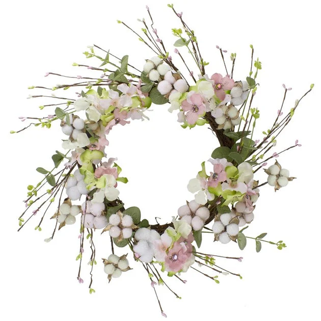 18" Pink and Green Hydrangeas with Cotton Artificial Floral Wreath
