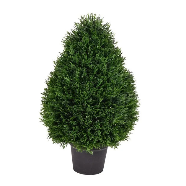 24" Artificial UV-Resistant Teardrop-Shaped Cedar Bush in Plastic Pot