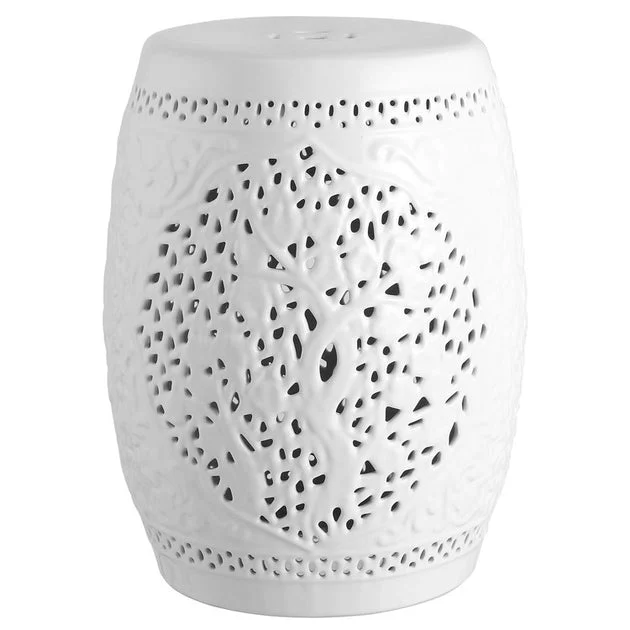 Tree of Life Ceramic Garden Stool - White