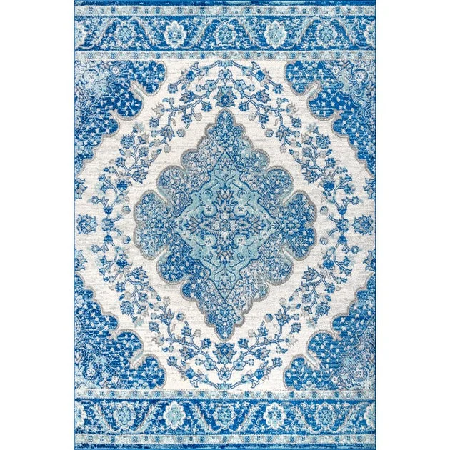 Bohemian Flair Boho Vintage Medallion 120"L x 93"W Area Rug - Cream/Blue