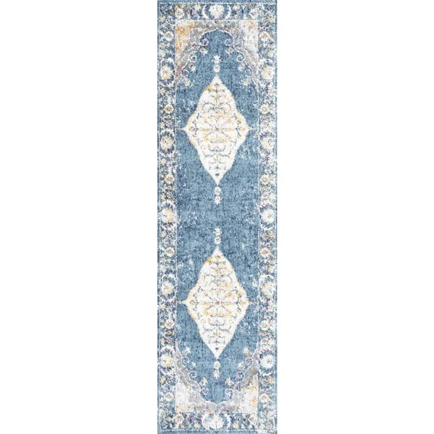 Zelda Bohemian Cottage Medallion 96"L x 27"W Runner Rug - Turquoise/Gray