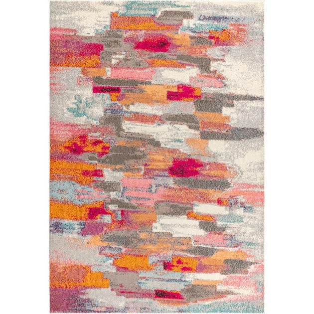 Contemporary POP Modern Abstract Brushstroke 120"L x 93"W Area Rug - Ivory/Pink