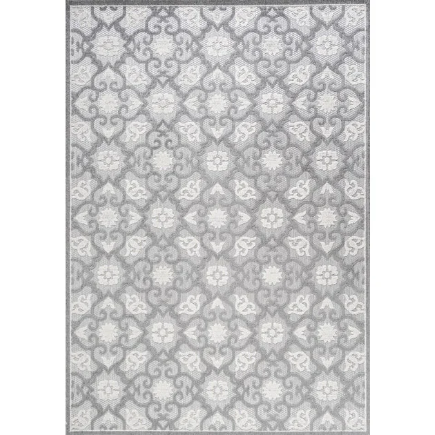 Gallia Tile Trellis High-Low 91"L x 63"W Indoor/Outdoor Area Rug - Light Gray/Ivory