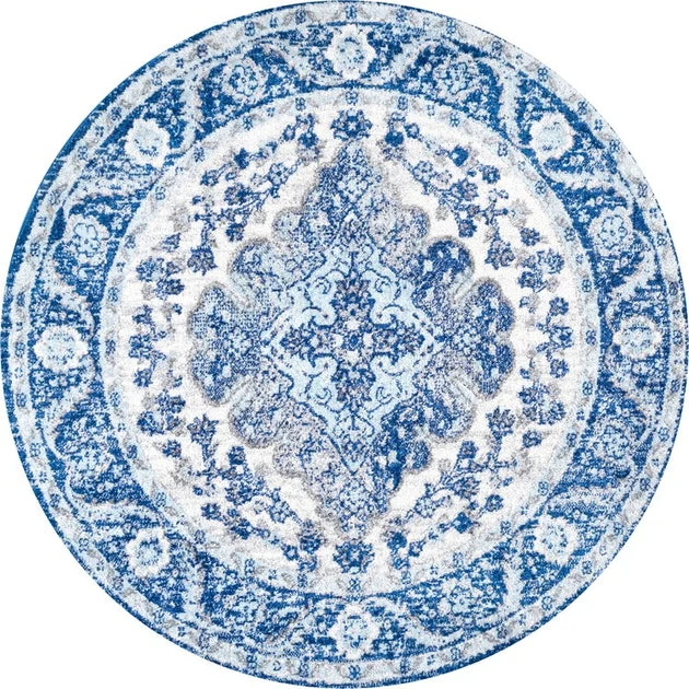 Bohemian Flair Boho Vintage Medallion 63"L x 63"W Round Area Rug - Cream/Blue