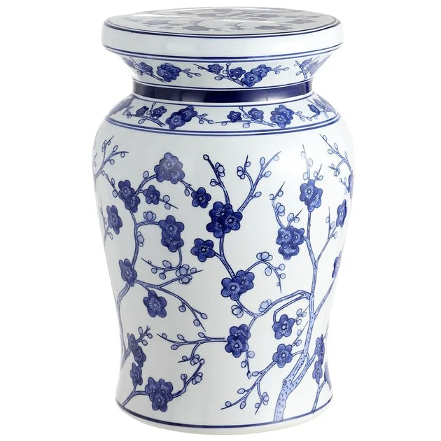 Cherry Blossom Ceramic Garden Stool - White and Blue
