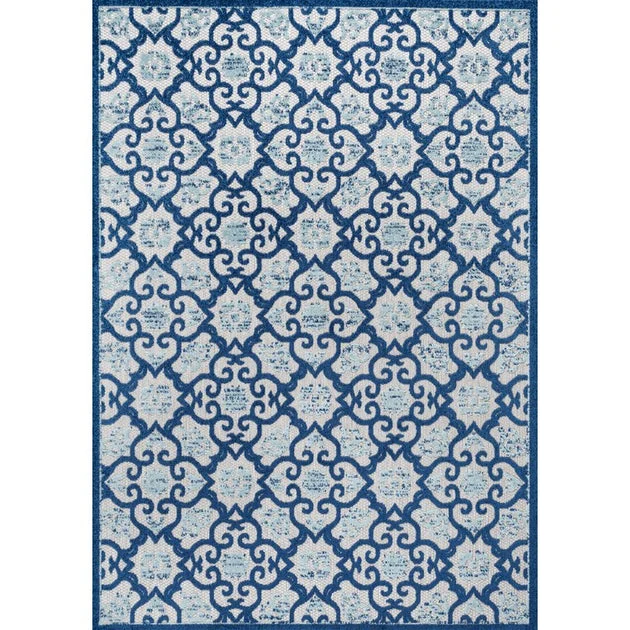 Gallia Tile Trellis High-Low 60"L x 36"W Indoor/Outdoor Area Rug - Light Gray/Blue