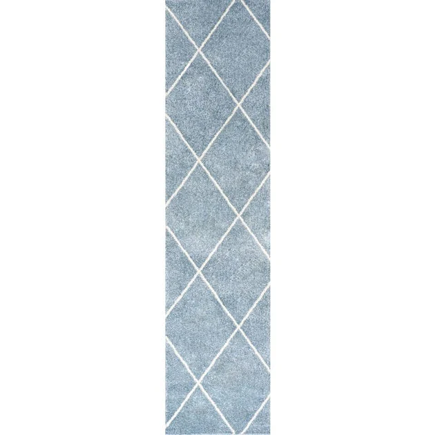 Cole Minimalist Diamond Trellis 120"L x 24"W Runner Rug - Light Blue/White