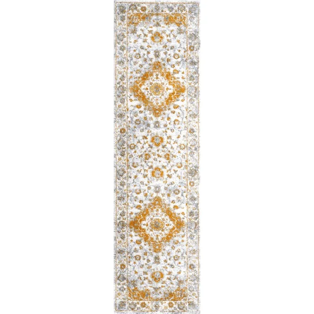 Indhira Ornate Medallion Persian 96"L x 27"W Runner Rug - Orange/Cream