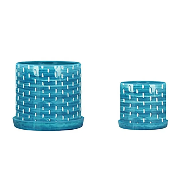 10"/12" Mesh Lines Planters with Saucers Set of 2 - Aqua