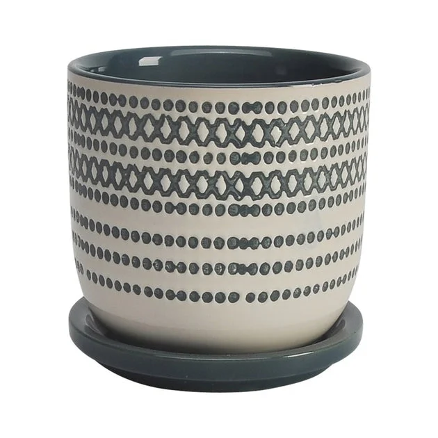 5" Tribal Dots Ceramic Planter with Saucer - Green