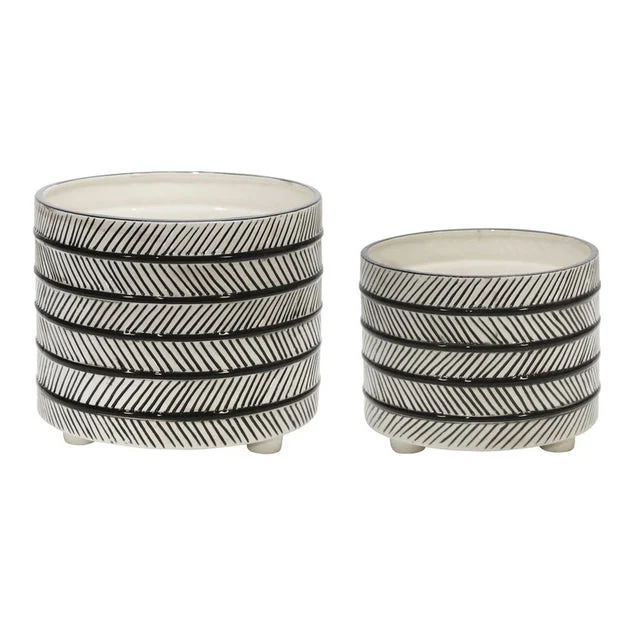 10"/12" Slanted Lines Ceramic Footed Planters Set of 2 - Gray