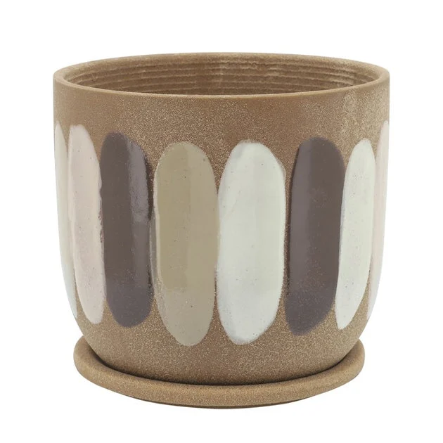 7" Stripes Ceramic Planter with Saucer - Tan