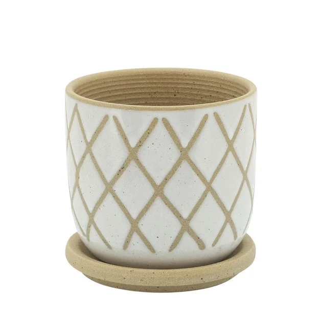 5" Cross Ceramic Planter with Saucer - White