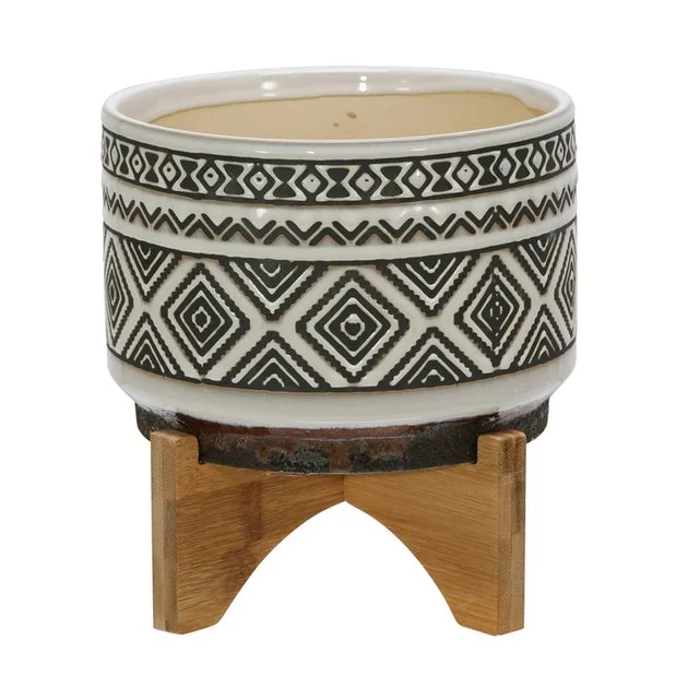 8" Diamond Pattern Ceramic Planter on Wood Stand - Ivory
