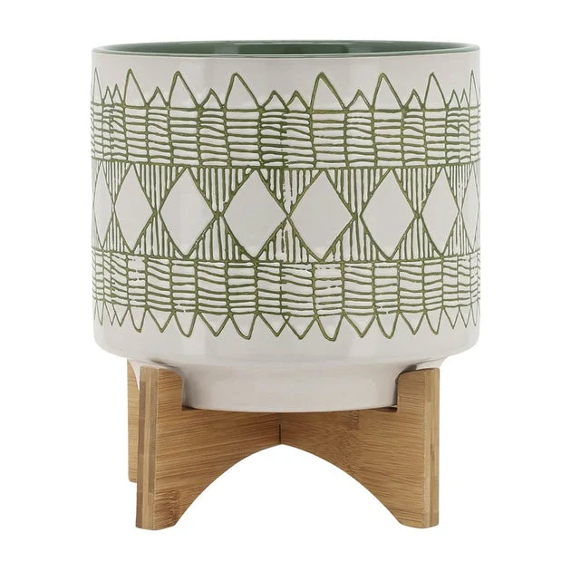 10" Aztec Ceramic Planter on Wooden Stand - Olive