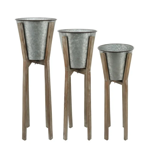 11"/12"/13" Round Metal Planters with Wood Stands Set of 3 - Gray