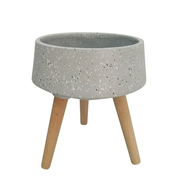 18" Terrazzo Planter with Wood Legs - Gray