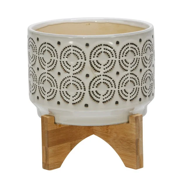 8" Dotted Swirls Pattern Ceramic Planter on Wood Stand - Ivory