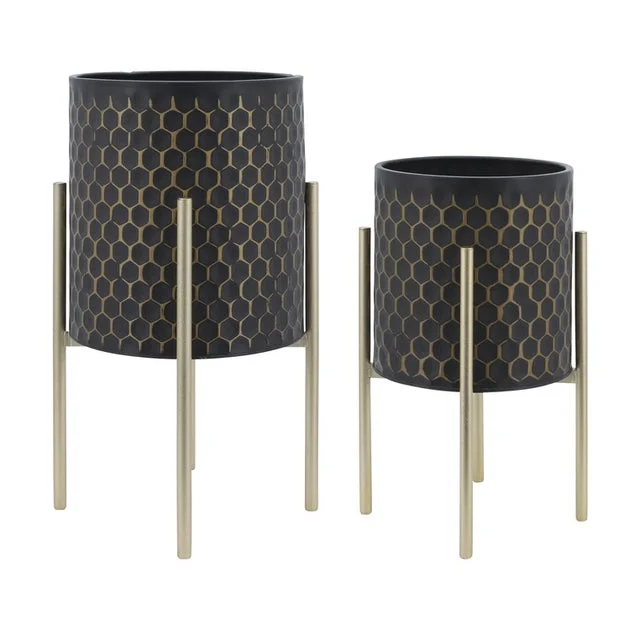 3D Honeycomb Planters on Metal Stands Set of 2 - Black/Gold
