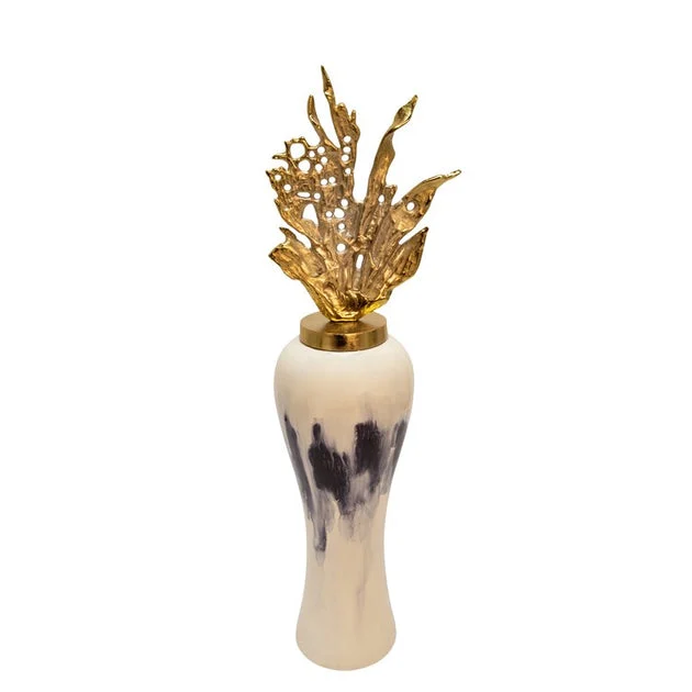38" Metal Vase with Leaf-Like Lid - White